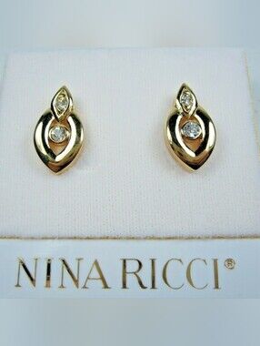 Nina Ricci Gold Gold Plated Teardrop w Swavorski Crystal Stud Earrings New